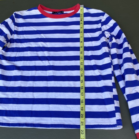 Zaful Blue & White Stripe Long Sleeve Tee Top Shirt Red Cuffs & Neckline Medium - Picture 5 of 8